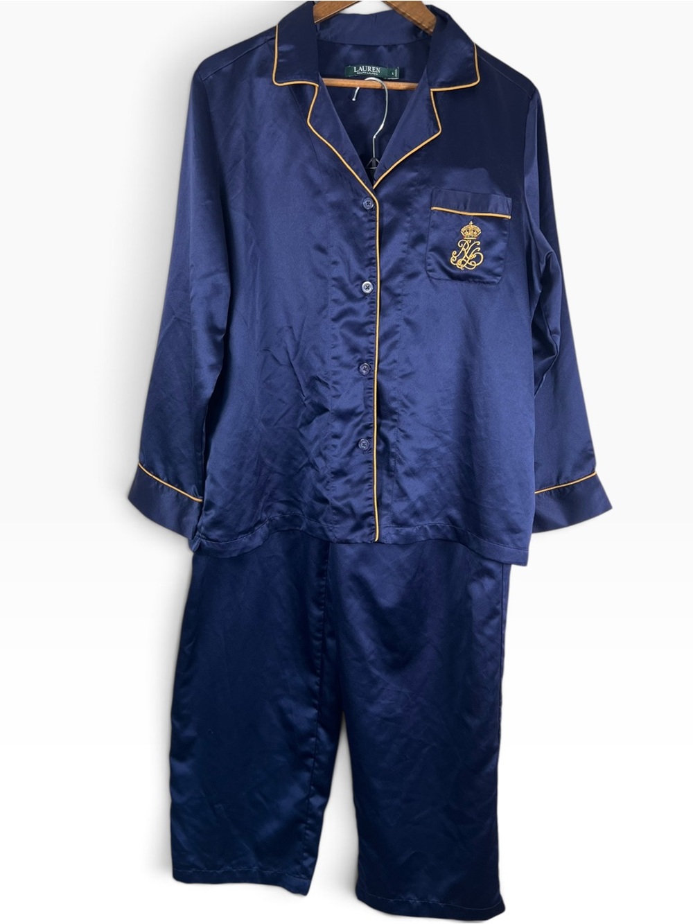 Lauren Ralph Lauren Navy Satin Crown Monogram Pajama Set Size L Quiet Luxury